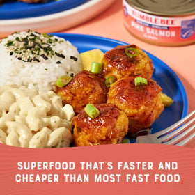 Bumble Bee twelve-pack salmon cans on shelf for pantry-friendly meals.