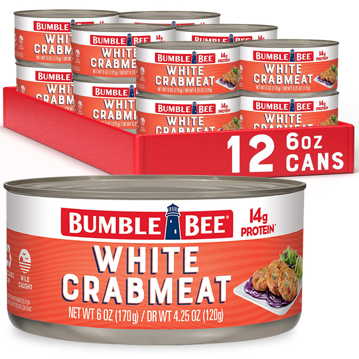 Bumble Bee white crab meat in water, flaky texture for crab cakes.