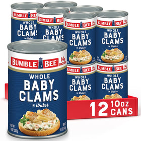 Bumble Bee Whole Baby Clams 12-pack cans on display for quick, protein-rich meals.