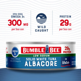 Bumble Bee wild caught albacore tuna in water with firm texture.