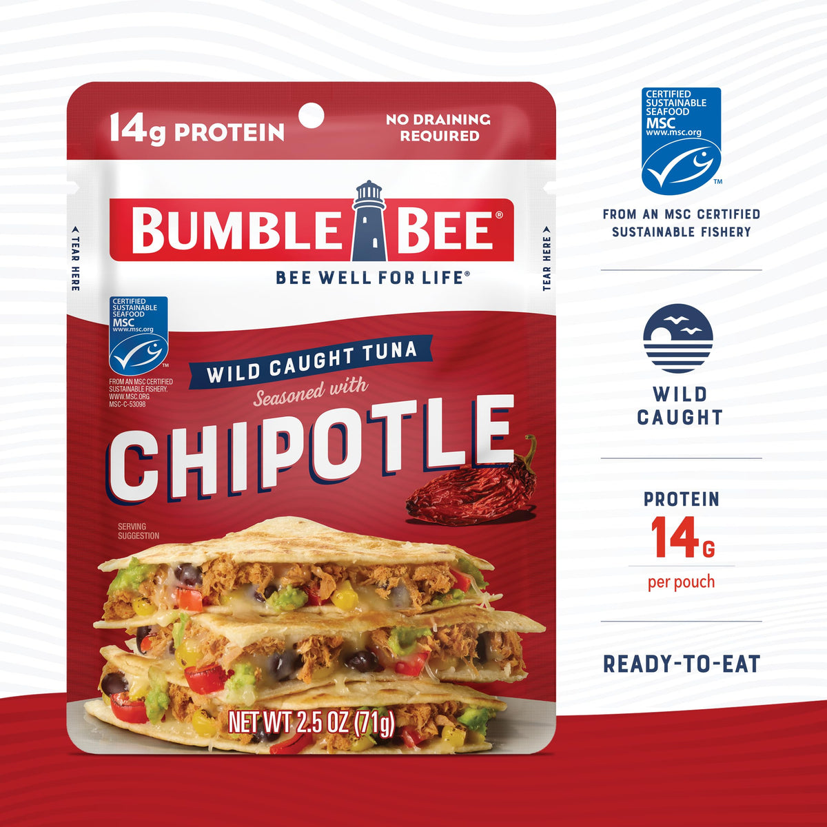 Bumble Bee wild-caught tuna pouch showing 14g protein per serving.