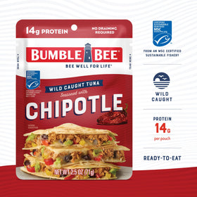 Bumble Bee wild-caught tuna pouch showing 14g protein per serving.