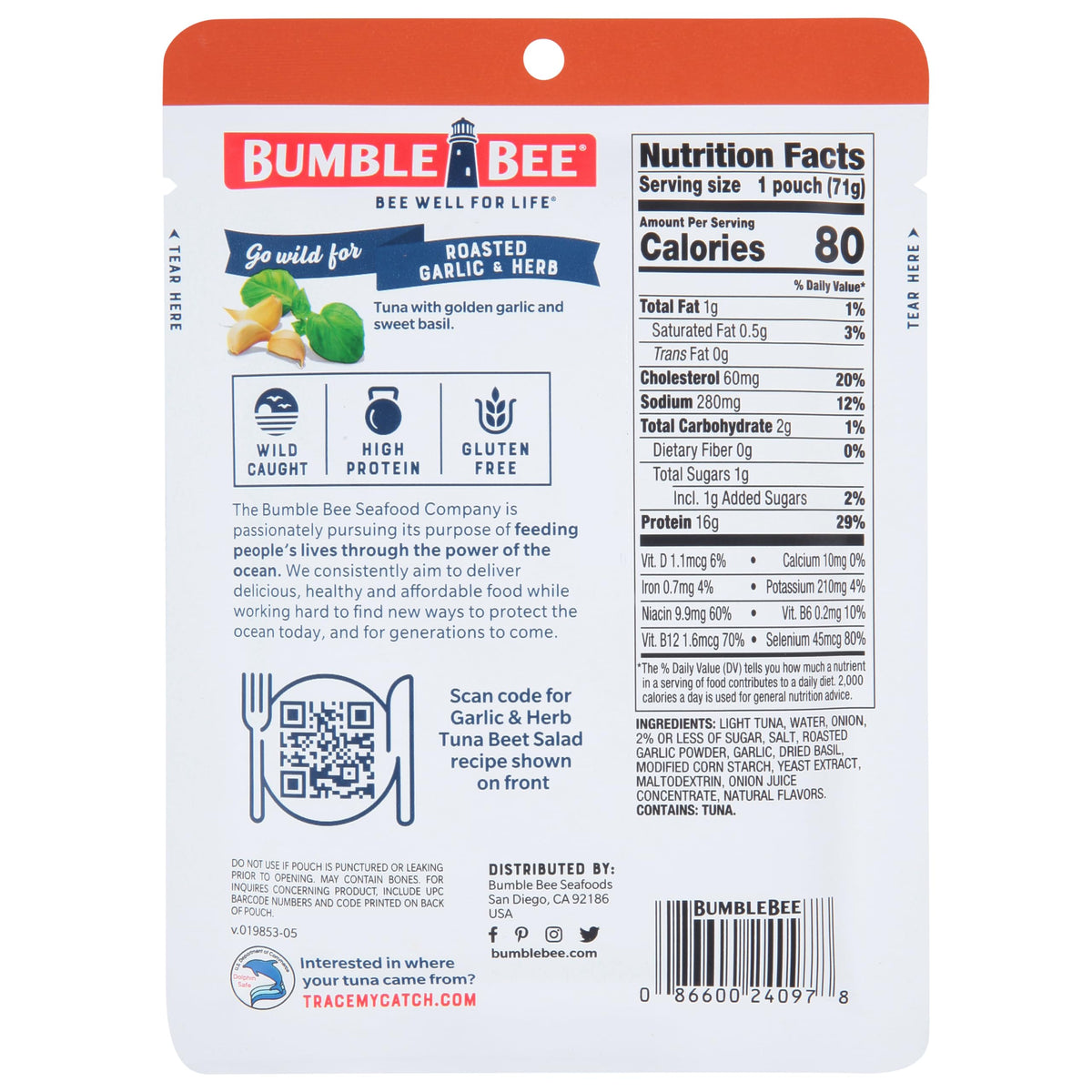 Bumble Bee wild caught tuna pouch emphasizing sustainability
