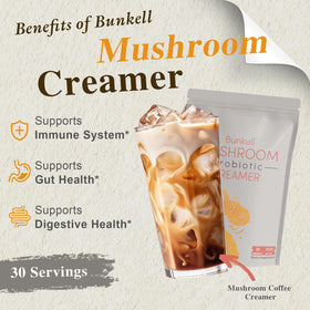 Bunkell 6-mushroom blend label highlighting Lion’s Mane, Reishi, Cordyceps, Shiitake, King Trumpet, Turkey Tail.
