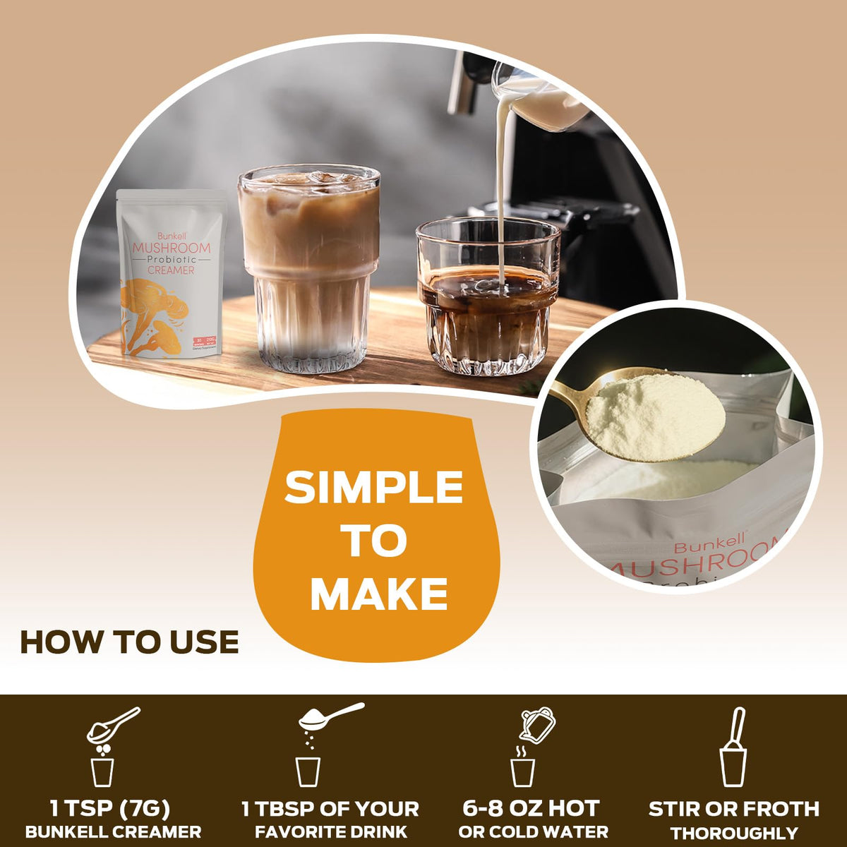 Bunkell creamer dissolving into coffee for a quick latte-like boost.