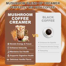 Bunkell ingredients panel with mushrooms and coconut powders conveys antioxidant-rich formulation.