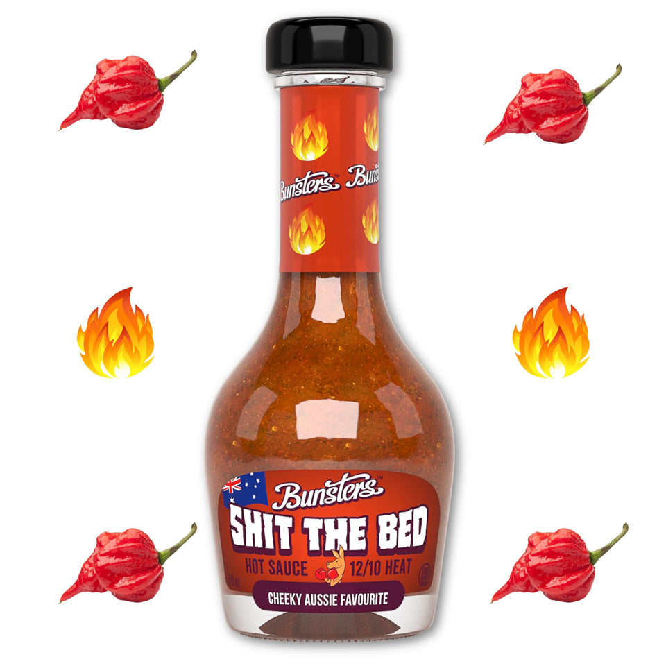 Bunsters Shit The Bed bottle front with bold label and fiery heat for meals.