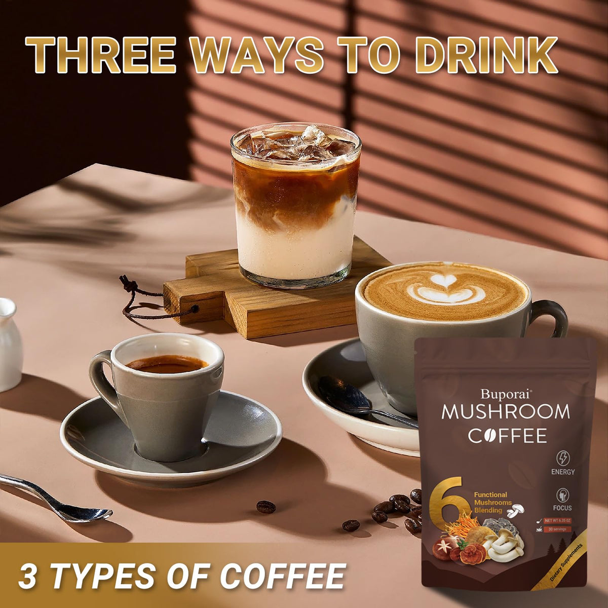 Buporai Mushroom Coffee daily-use shot for steady alertness.