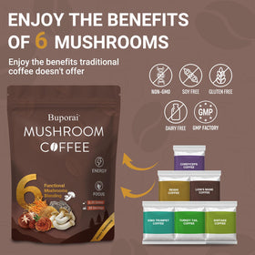 Buporai Mushroom Coffee ingredients-mushrooms shows the six mushrooms.