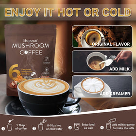 Buporai Mushroom Coffee packaging-back includes vegan and gluten-free notes.