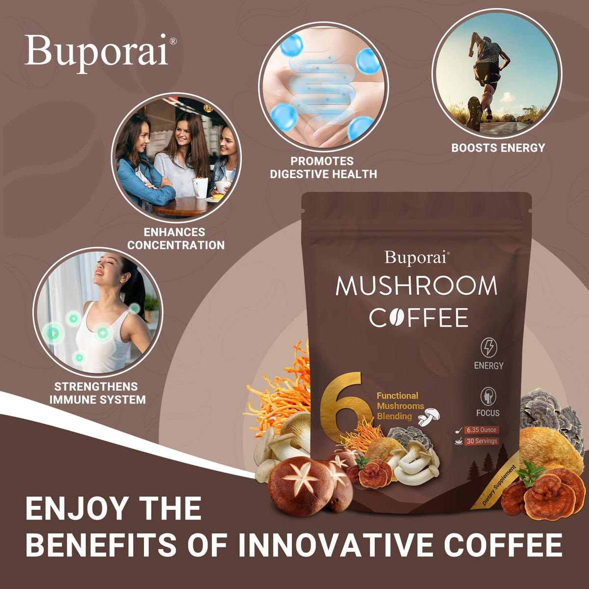 Buporai Mushroom Coffee scoop-measuring for easy daily servings.