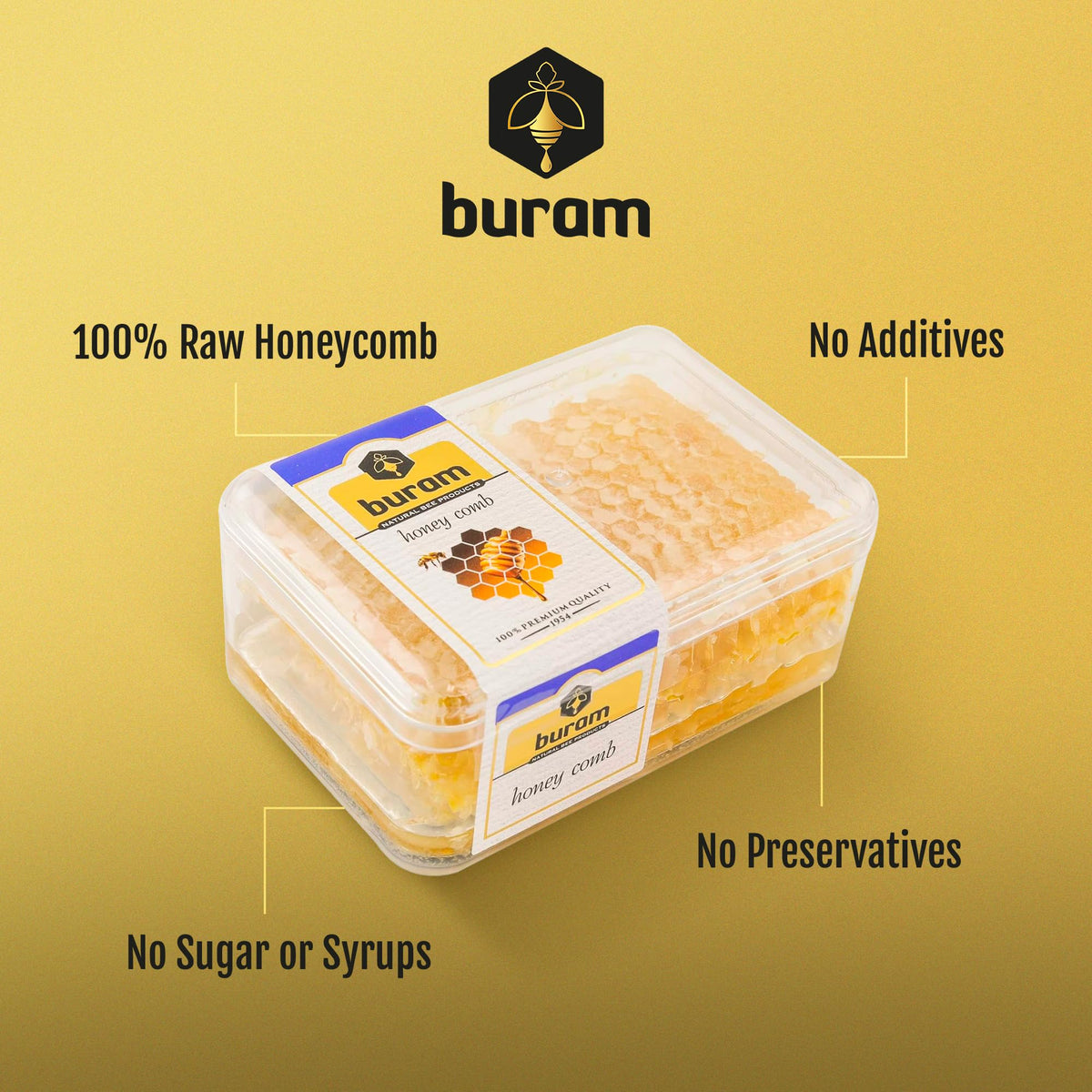Buram raw edible wax honeycomb with dense texture for nibbling or cheese pairing.