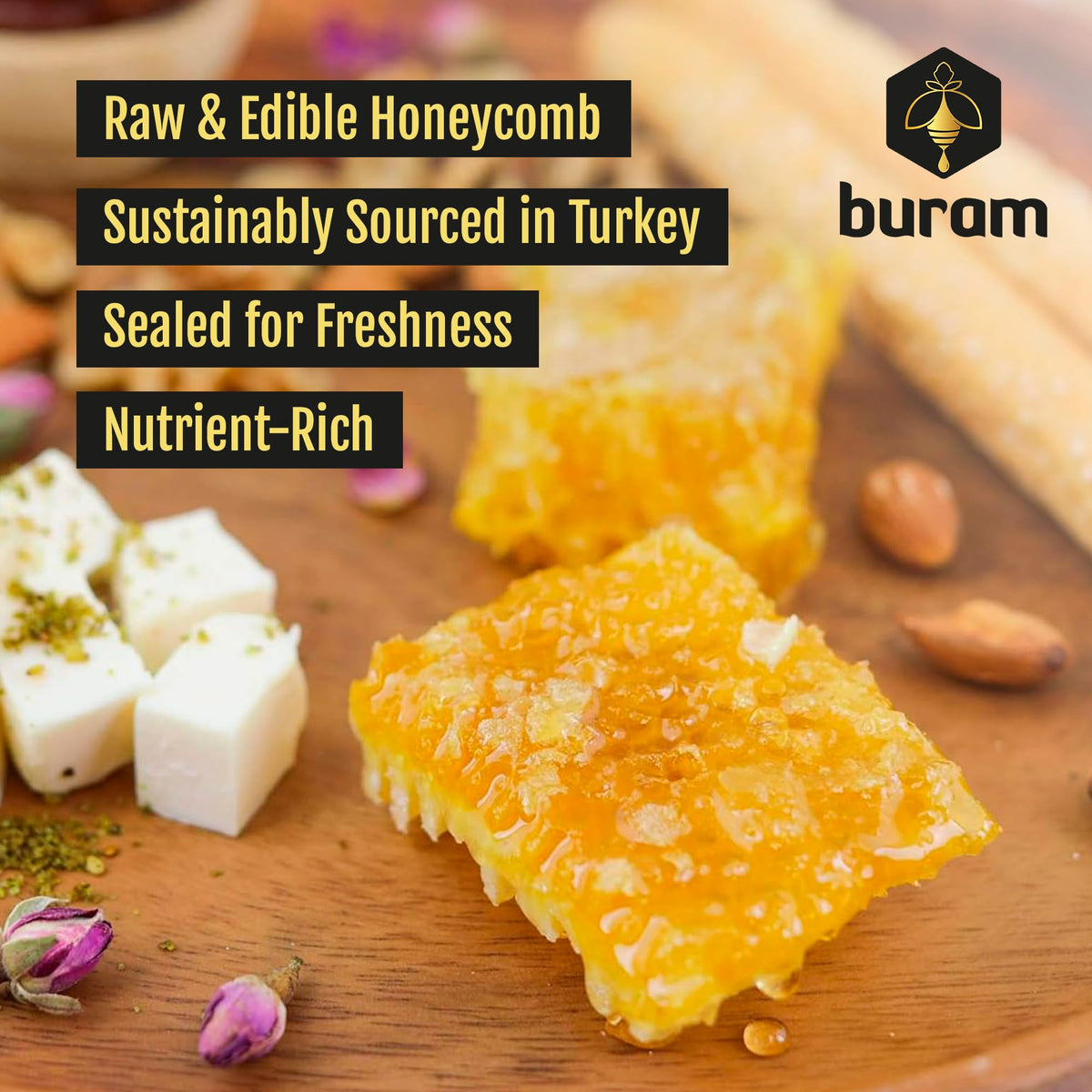 Buram honeycomb on toast, warm and spreadable for an easy flavorful bite.