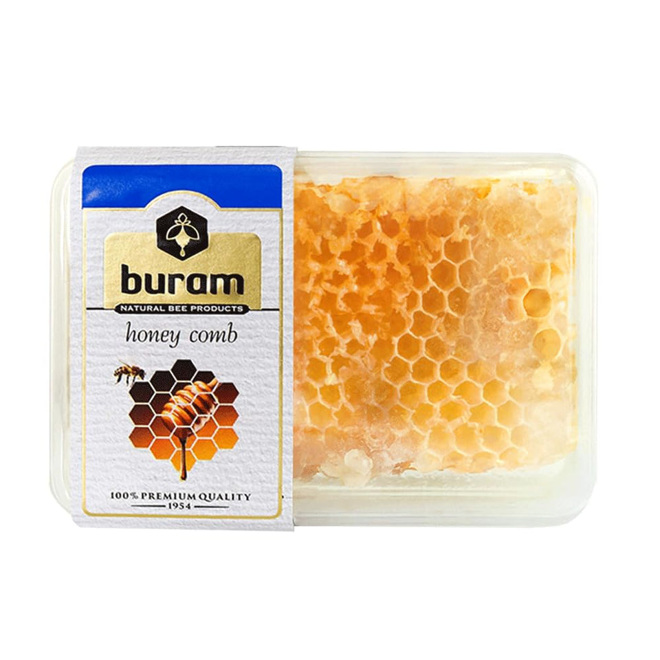Buram honeycomb jar from Turkish mountains shows pure, natural sweetness for direct tasting.