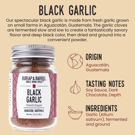 Close-up of Burlap and Barrel Black Garlic Powder jar showing texture for rich umami.