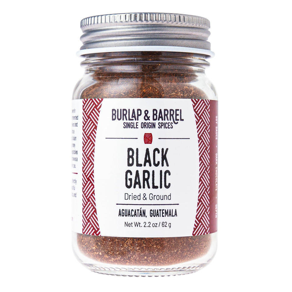 Burlap and Barrel Black Garlic Powder jar front for premium flavor enhancement.