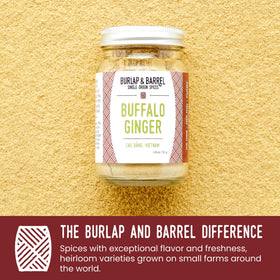 Burlap and Barrel Buffalo Ginger powder spoon-dispensing over a steaming bowl