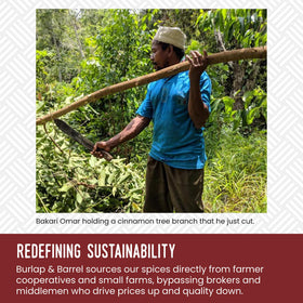 Farm-origin label on Burlap & Barrel Cinnamon Verum, emphasizing direct-from-farm sourcing.