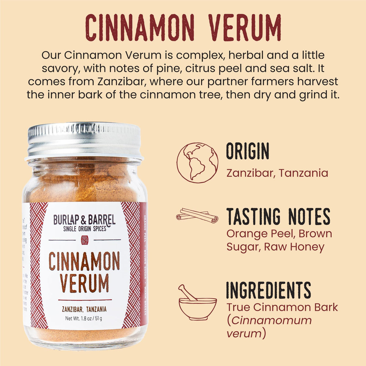 Closeup of Burlap & Barrel Cinnamon Verum powder showing a fine, aromatic grind.