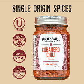 Single-origin Cobanero flakes label emphasizing farm-to-table traceability.