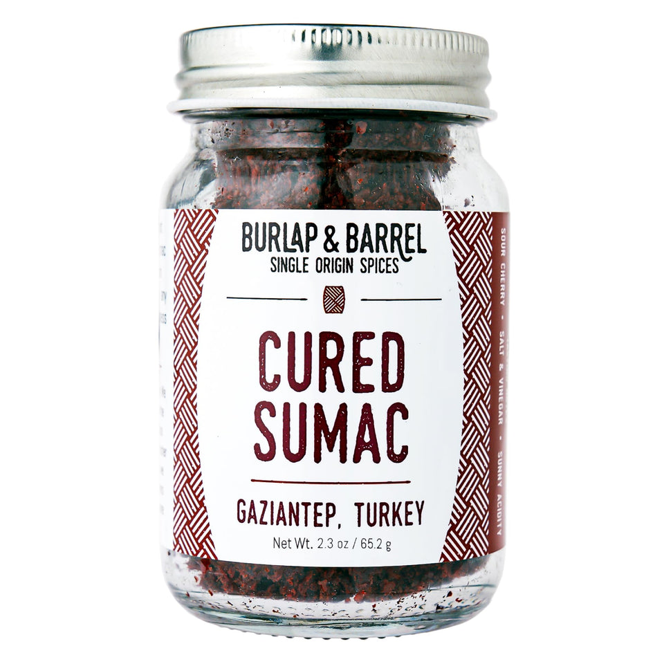 Burlap and Barrel cured sumac jar front, vibrant finish for finishing dishes.