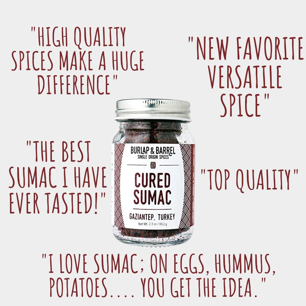 Burlap and Barrel cured sumac sprinkle highlights tart brightness on hummus and dips.