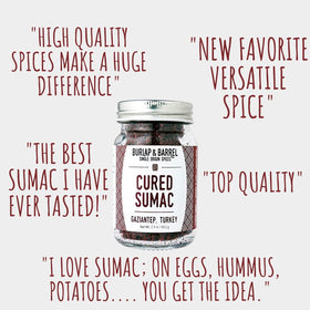 Burlap and Barrel cured sumac sprinkle highlights tart brightness on hummus and dips.