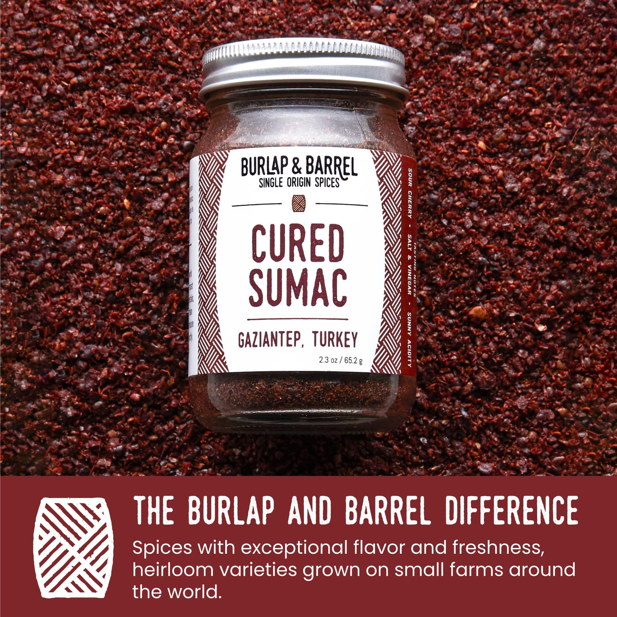 Burlap and Barrel cured sumac texture macro highlights peppery flair and grainy finish.