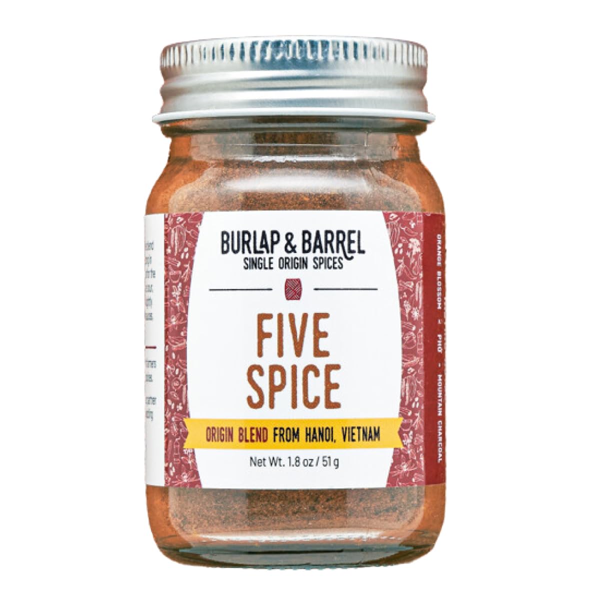 Burlap & Barrel Five Spice jar closeup, warm aroma for savory dishes.