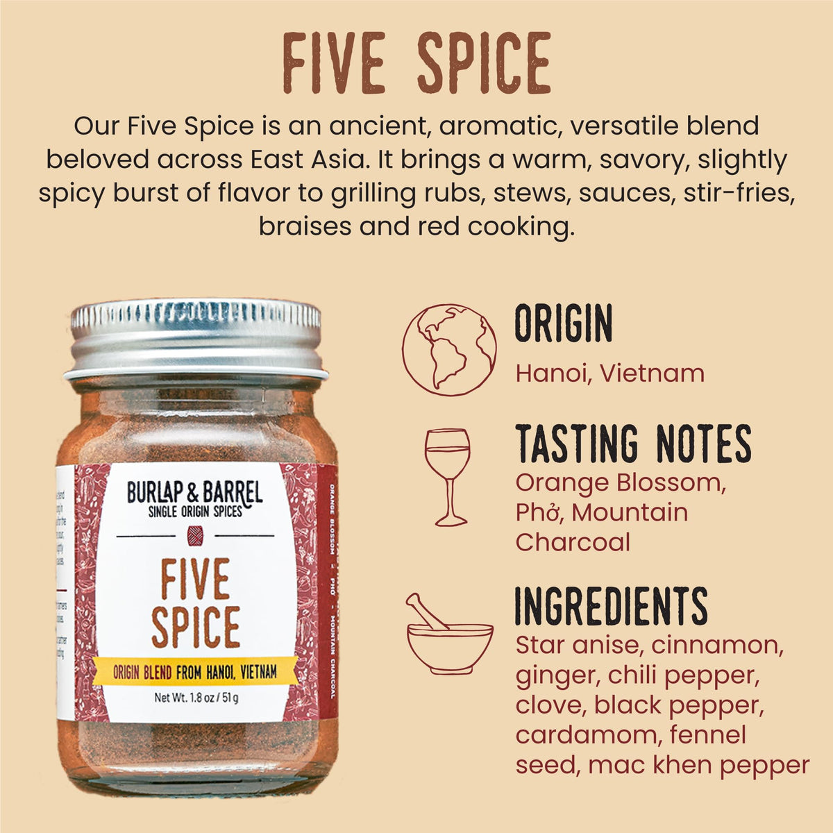 Burlap & Barrel Five Spice label view highlighting premium, single-origin flavor.