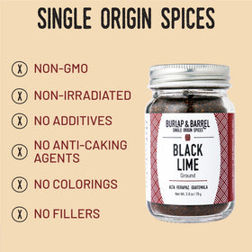 Burlap & Barrel ground black lime jar label emphasizing single-origin sun-dried Persian lime