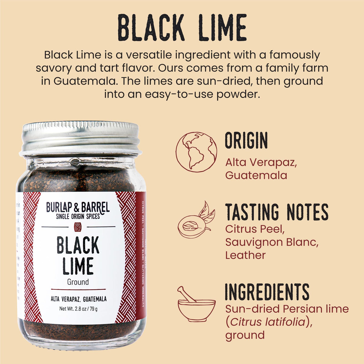 Burlap & Barrel ground black lime powder close-up highlighting citrus notes and savory depth