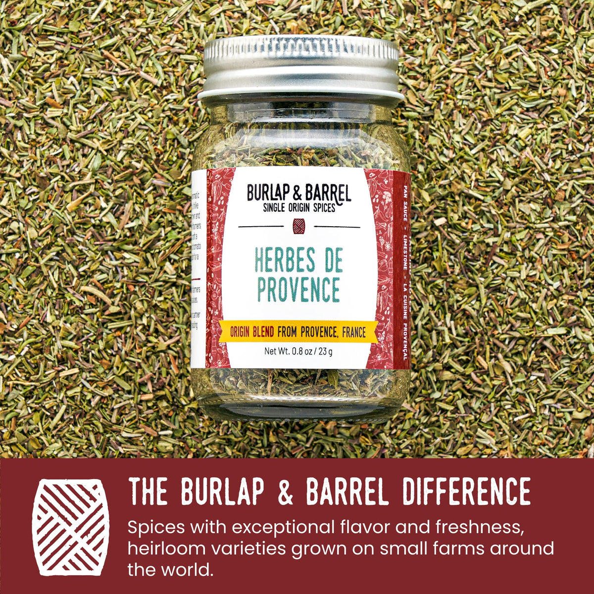 Closeup of Burlap & Barrel Herbes de Provence dried herbs.