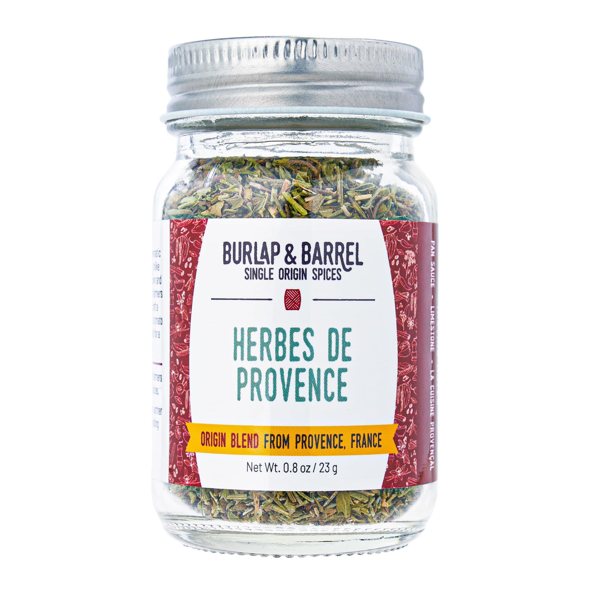 Burlap & Barrel Herbes de Provence glass jar front view for easy seasoning.