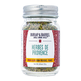 Burlap & Barrel Herbes de Provence glass jar front view for easy seasoning.
