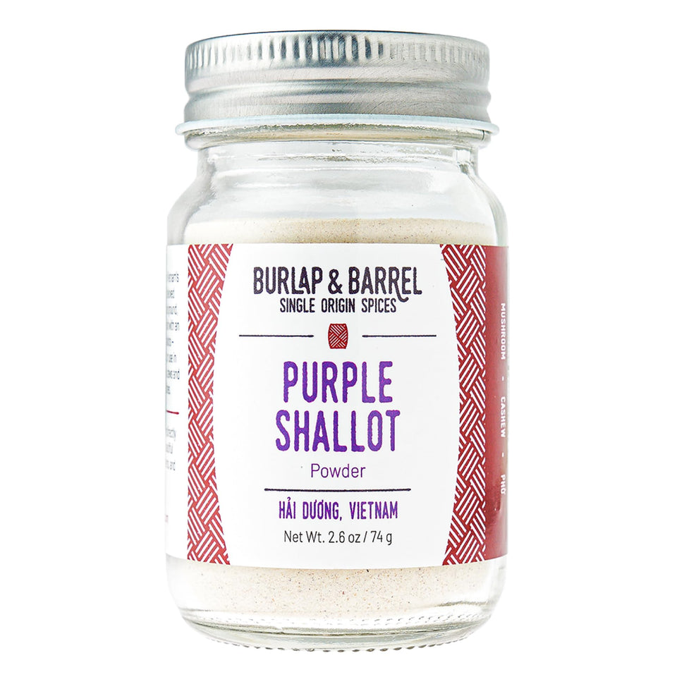 Burlap & Barrel Purple Shallot Powder jar for seasoning.