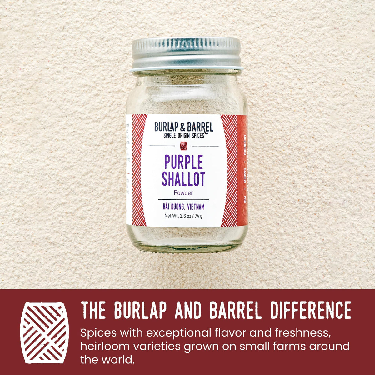 Purple Shallot Powder being poured from a Burlap & Barrel jar.