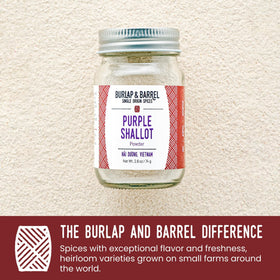 Purple Shallot Powder being poured from a Burlap & Barrel jar.