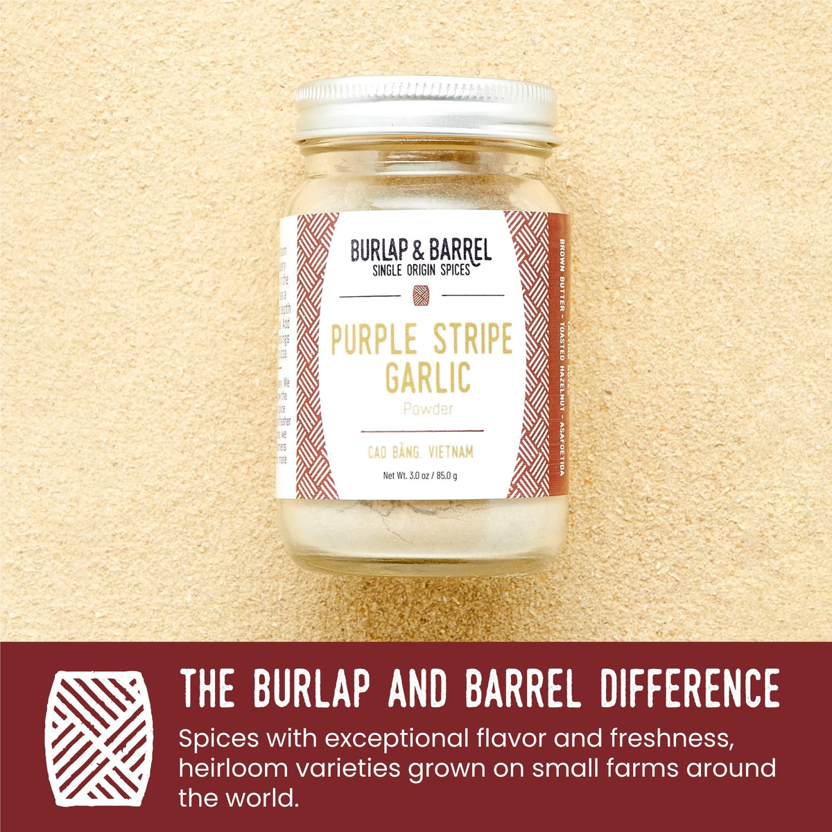 Burlap & Barrel Purple Stripe Garlic farm-sourcing tag signals farm-to-table traceability.