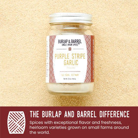 Burlap & Barrel Purple Stripe Garlic farm-sourcing tag signals farm-to-table traceability.