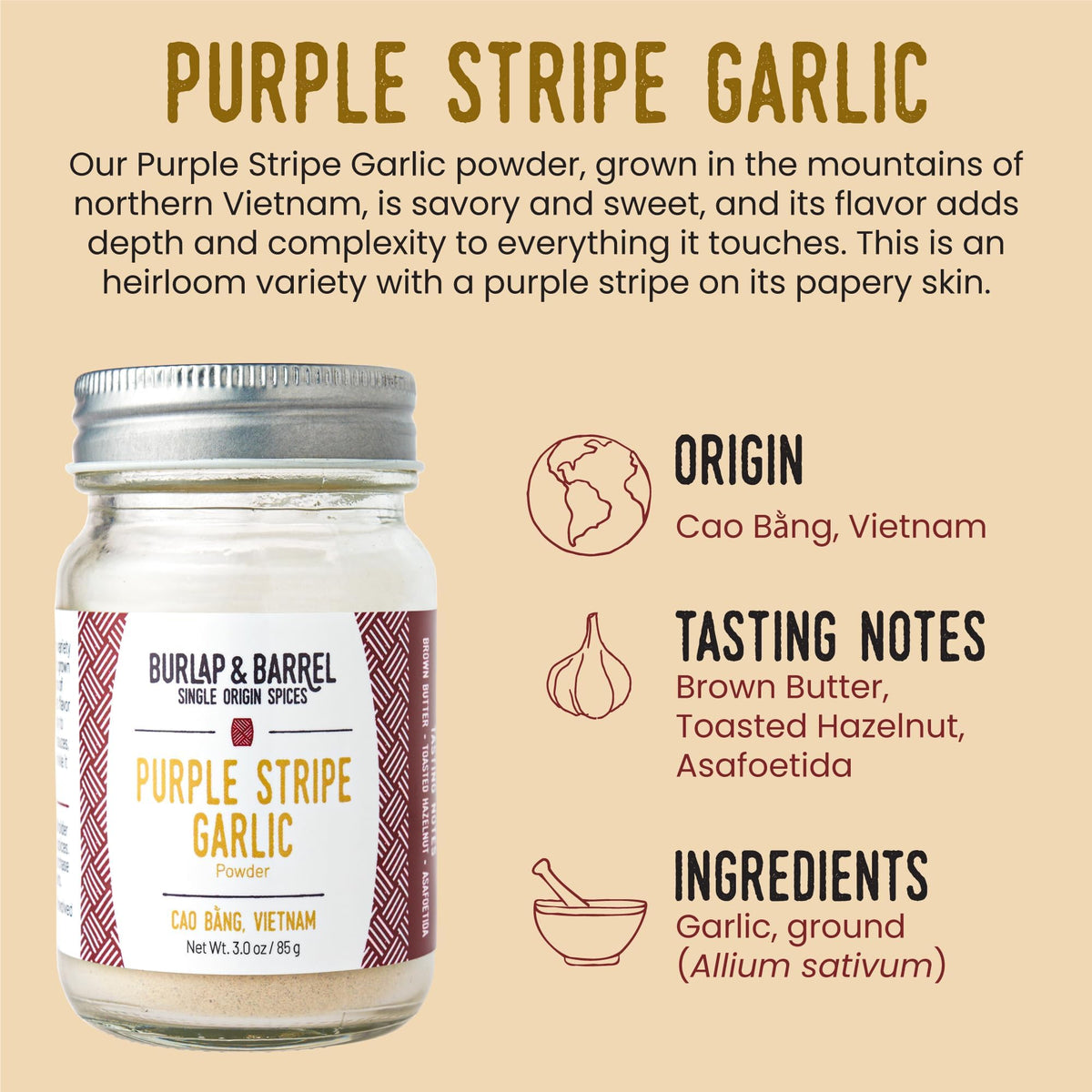 Burlap & Barrel Purple Stripe label highlights single-origin sourcing for flavorful, traceable garlic.