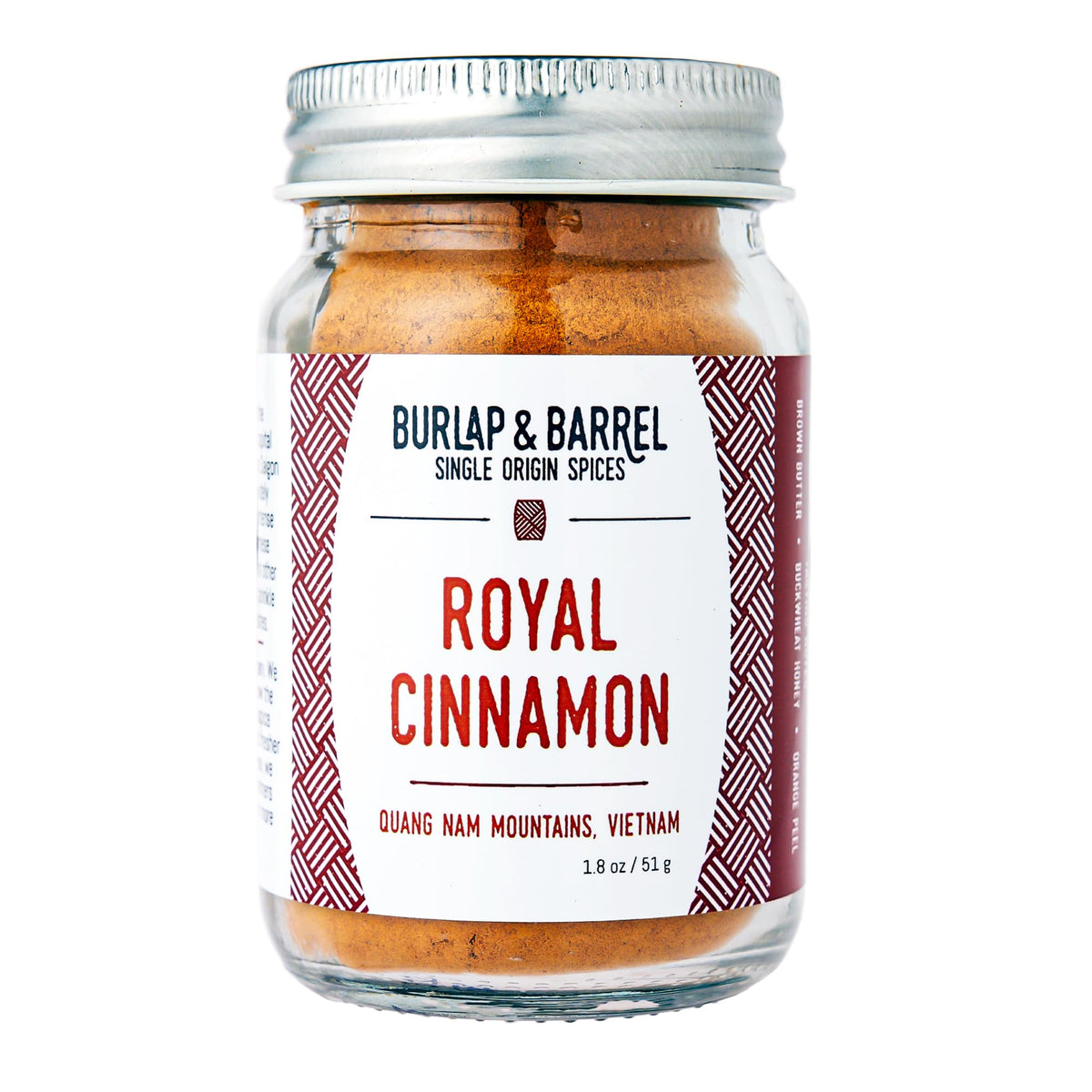 Burlap & Barrel Royal Cinnamon jar pour for rich dessert aroma