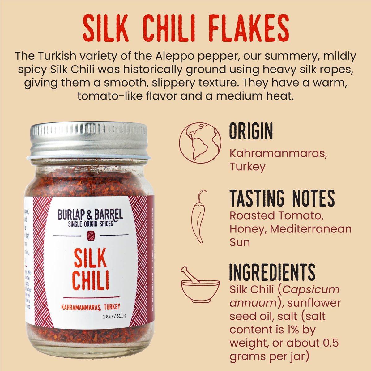 Burlap & Barrel Silk Chili Flakes on shelf showcase single-origin spice flavor.