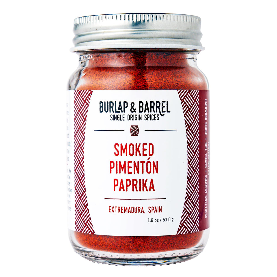 Burlap & Barrel Smoked Pimentón Paprika in glass jar adds smoky depth to dishes