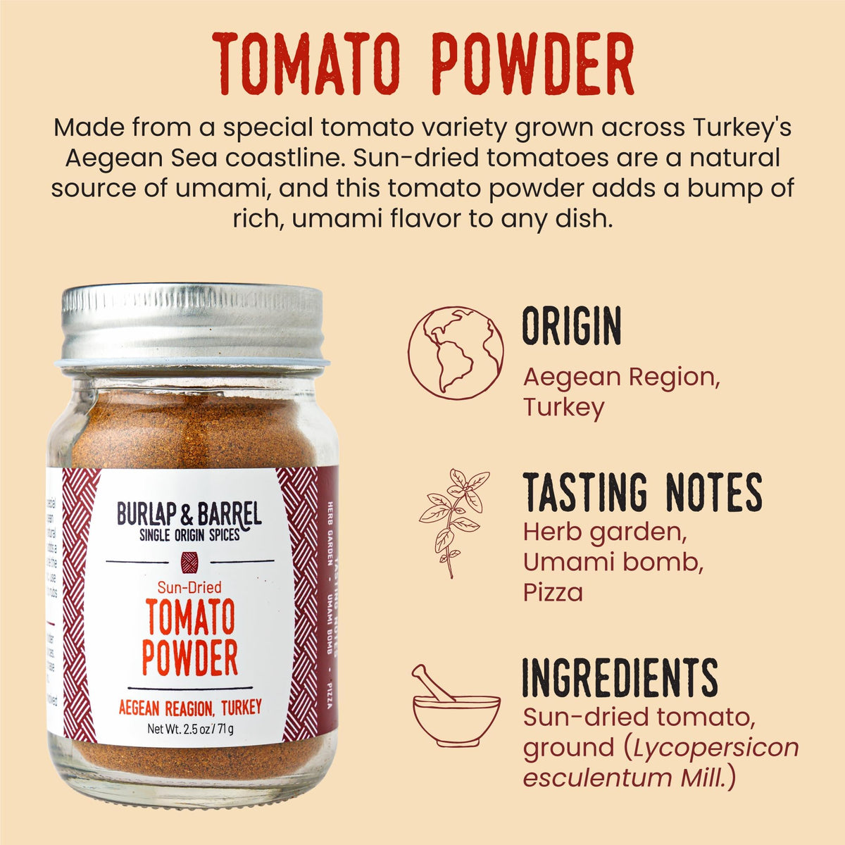Close-up of Burlap and Barrel tomato powder showing natural texture and color.