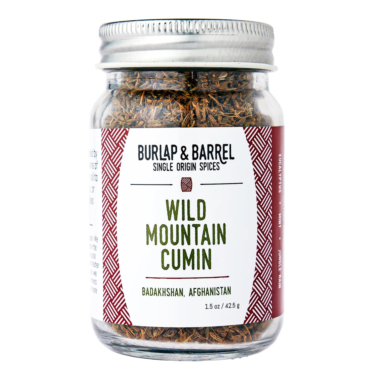 Burlap & Barrel Wild Mountain Cumin seeds in a glass jar for bright, savory flavor.
