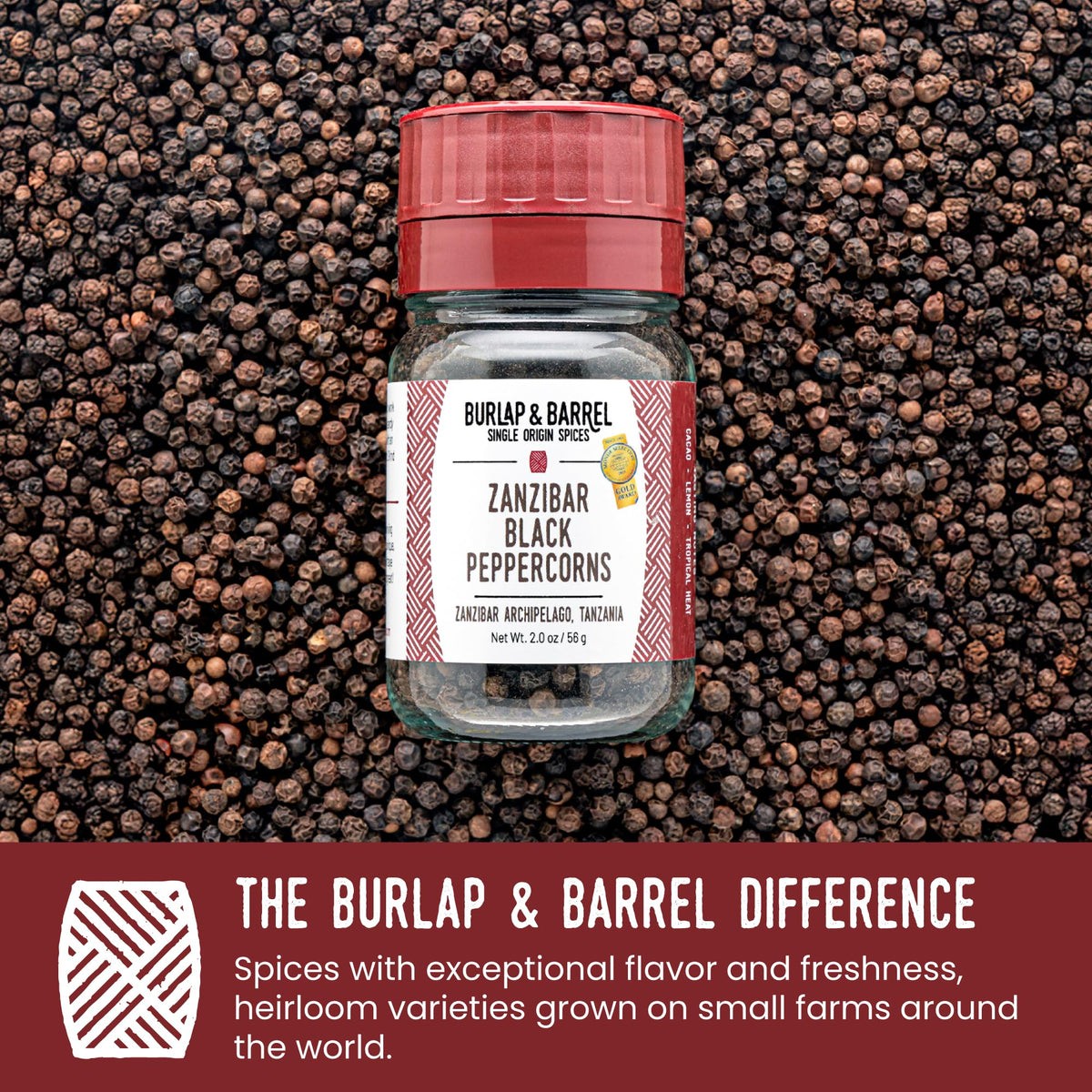 Burlap & Barrel Zanzibar sun-dried peppercorns ready to elevate roasts and sauces.