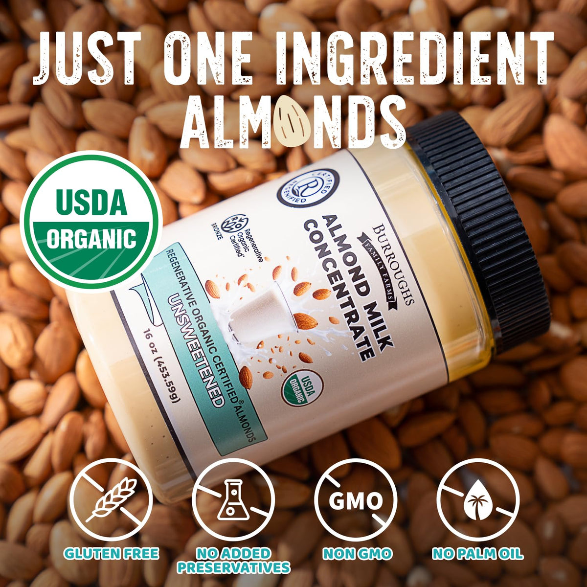 Glass of almond milk made from Burroughs concentrate for smoothies or coffee.
