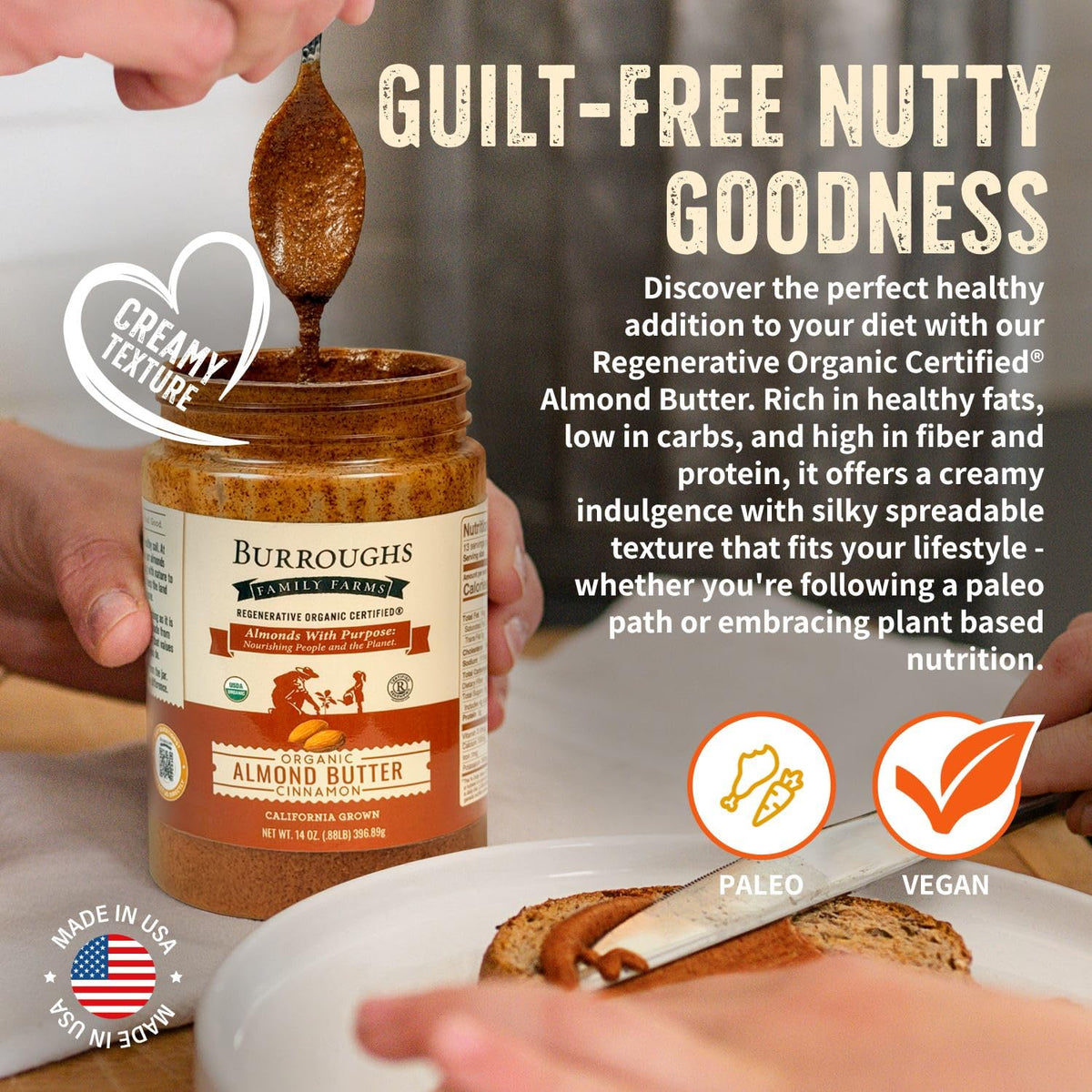 Burroughs almond butter used in baking for rich, palm oil-free flavor.