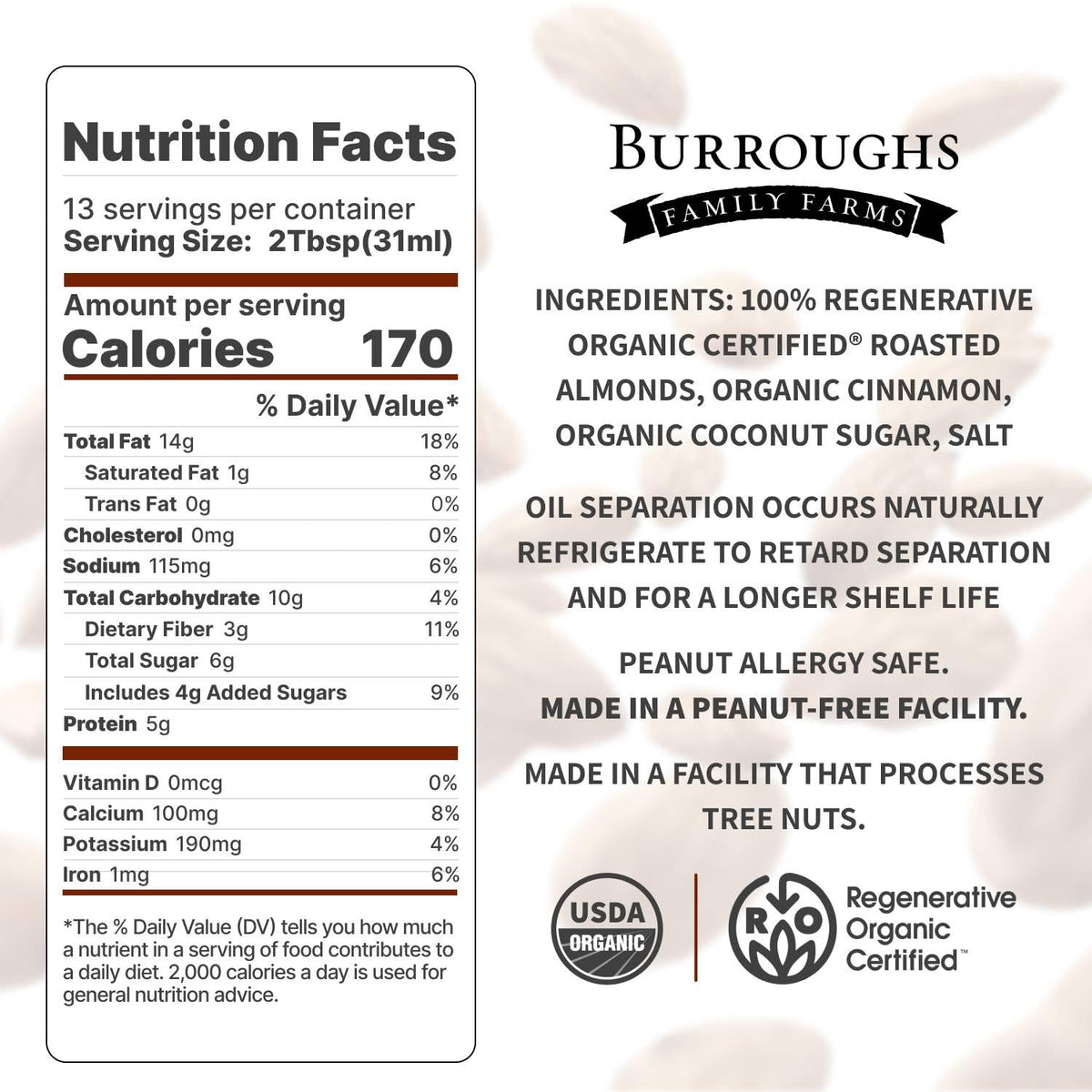 Burroughs almond butter recyclable jar emphasizes eco-friendly packaging.